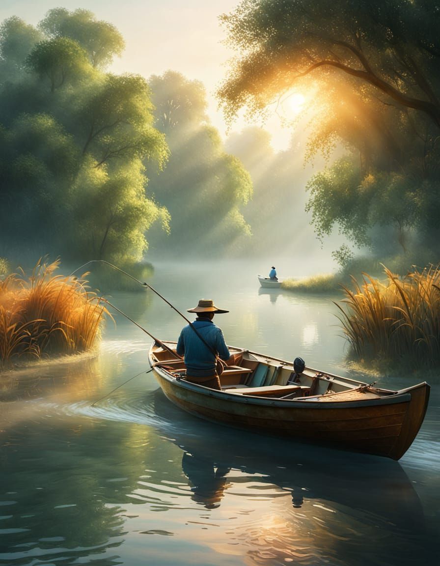 Kingfisher and Fisherman: Impressionist River Landscape