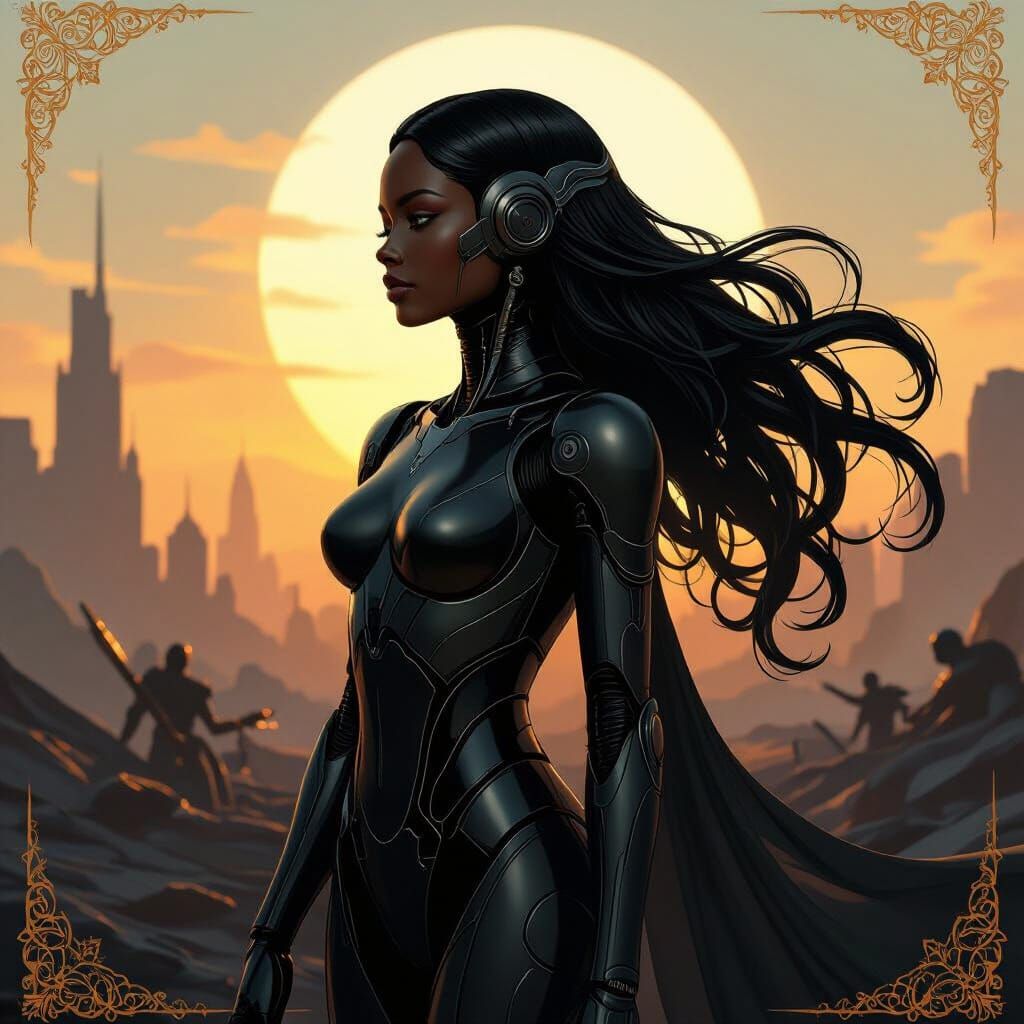 Elegant Android on Battlefield in Art Nouveau Style