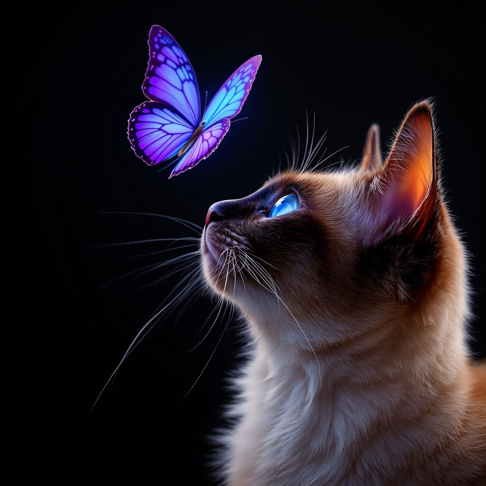 Siamese Cat Gazing at Butterfly in Hyperrealistic Detail