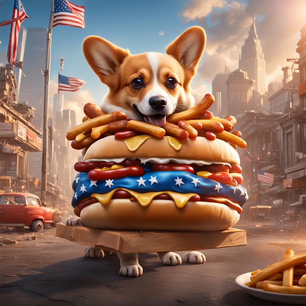 Corgi-Hotdog Hybrid Dominates America: Fantasy Concept Art