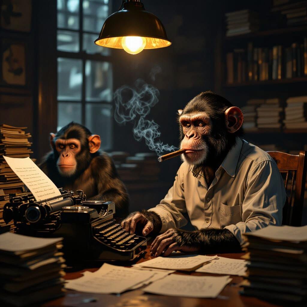 Monkeys Type in Noir Study, Cinematic Realism