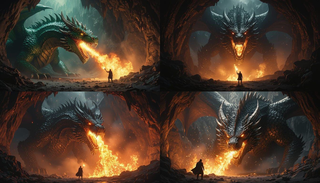 Epic Dragon Confrontation in Cinematic Cave Scene