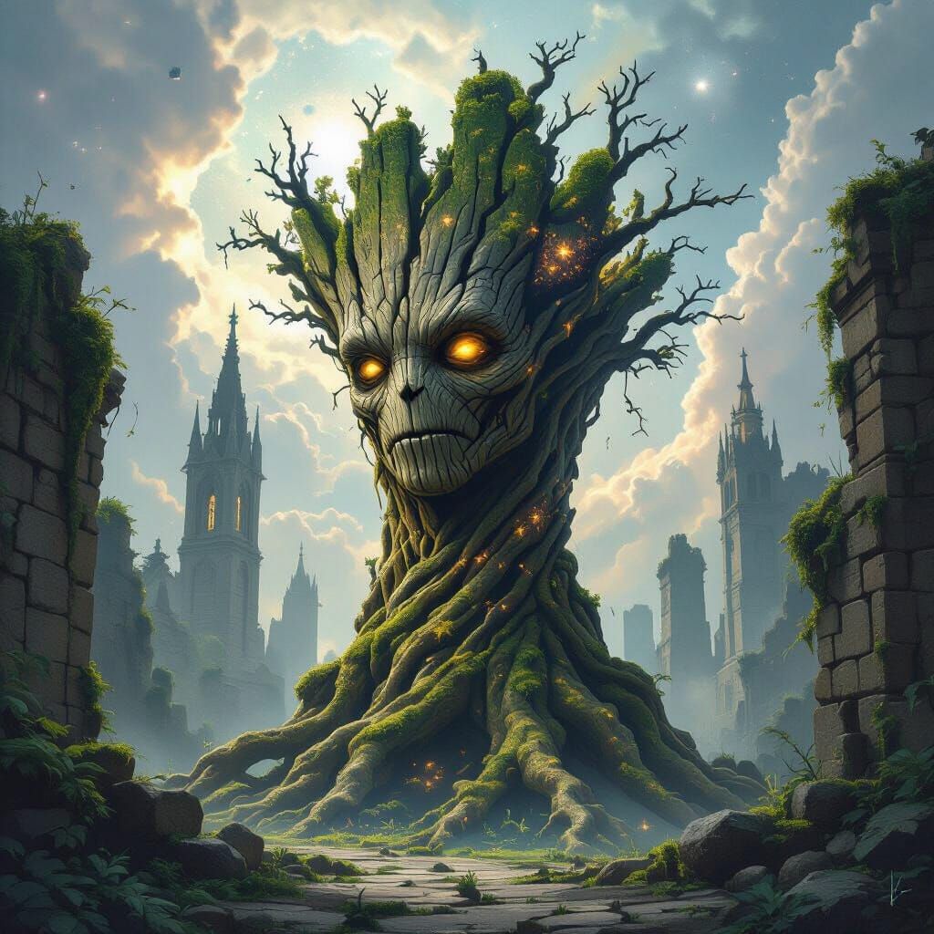 A colossal, ancient tree-like being, reminiscent of Groot, w...