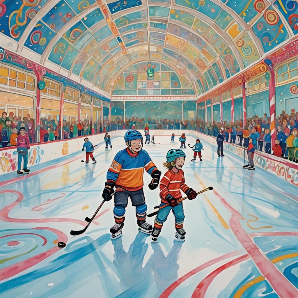 Father and Son Play Ice Hockey: Gouache Drawing