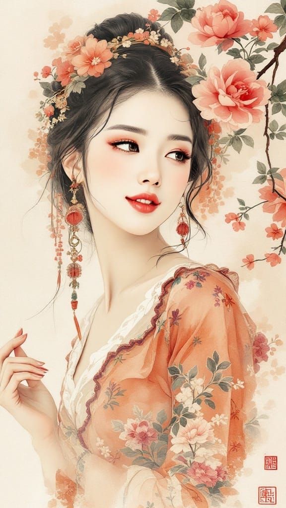 Chinese Folk Art Portrait of a Serene Beauty