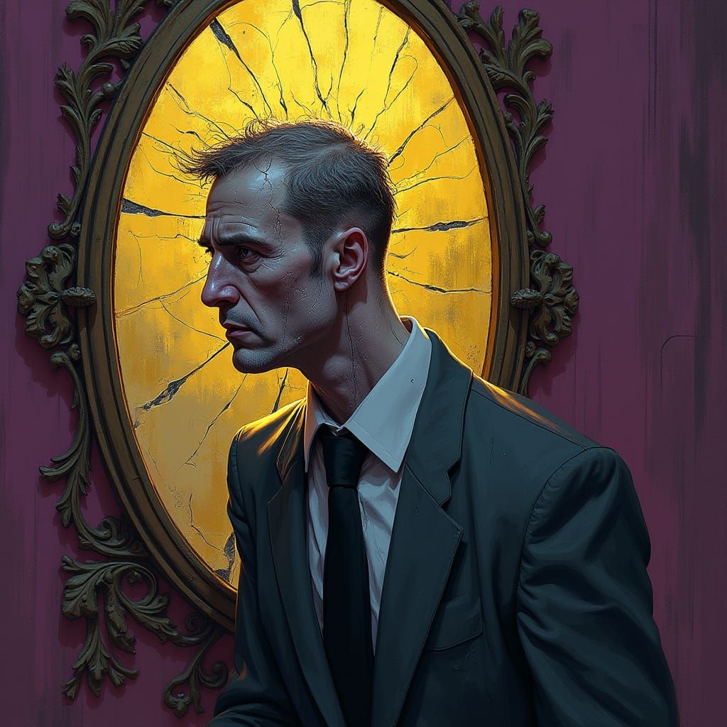 A Man's Desperate Reflection in a Distorted Mirror