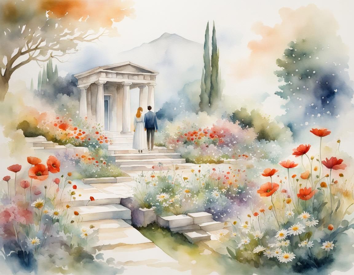 Greek Garden Scene in Watercolor Style