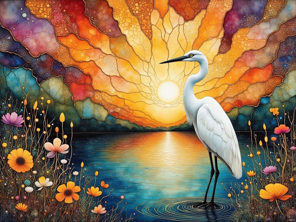 Surreal Mosaic Egret in Vibrant Sunset Pond Scene