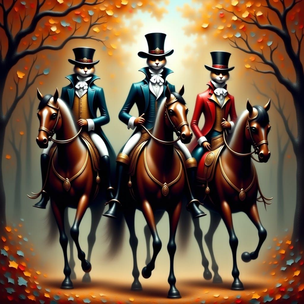 <lora:Black Fantasy:1.0>3 cats dressed as the three musketeers, whimsical photorealistic hyperdetailed 3D, riding on hor...