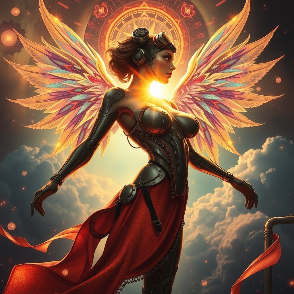 Steampunk Android Angel in Kaleidoscope of Light