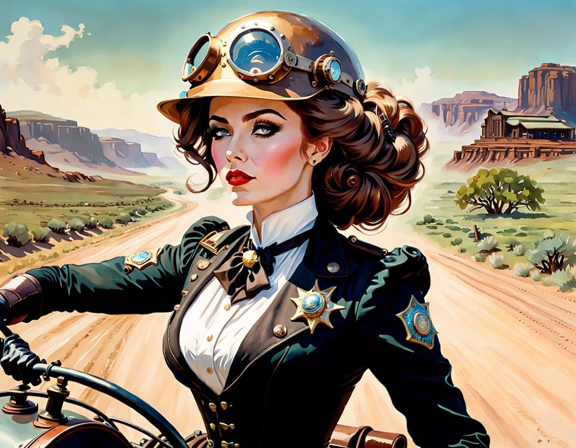 Steampunk Gibson Girl Sheriff on Electric Vehicle