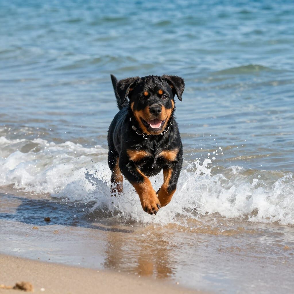 Cute Rottweiler Puppy Jumps into Ocean Waves