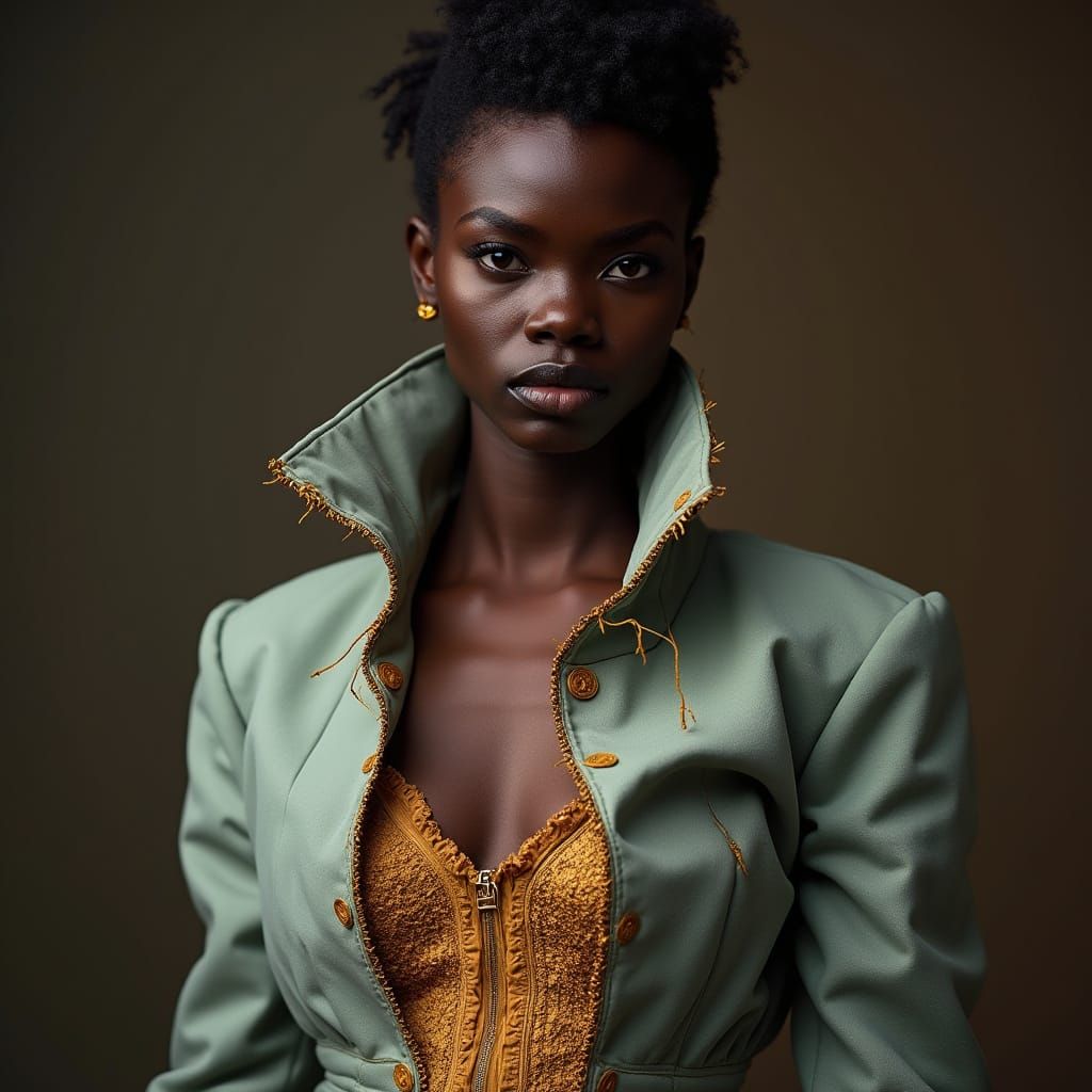 African Fashion Model in Haute Couture Garment with Raw Edge...