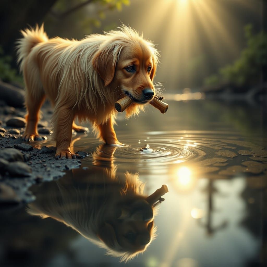 Hyperrealistic Dog Contemplates Reflection in Water