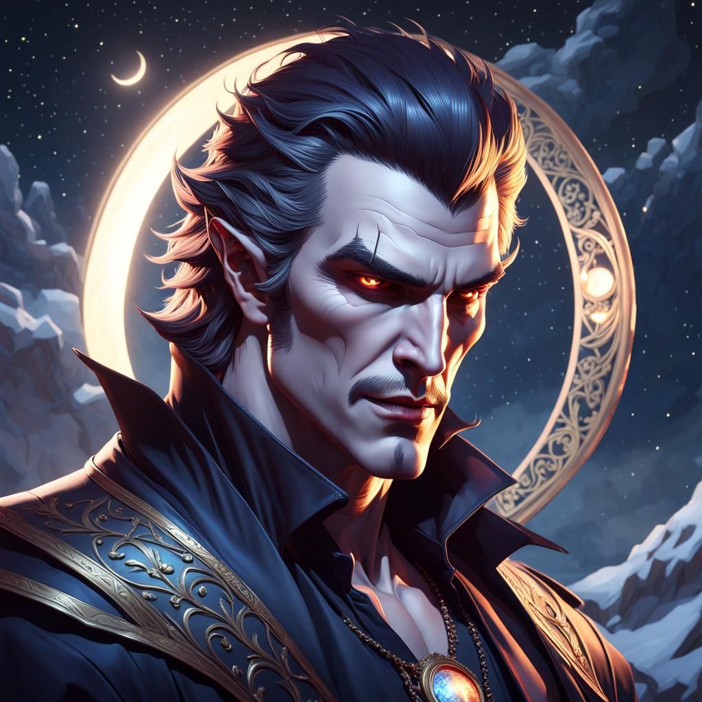 Vampire Portrait Under Starry Sky in Hyperrealism