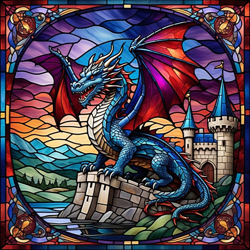 Dragon over Castle in Stained Glass Style