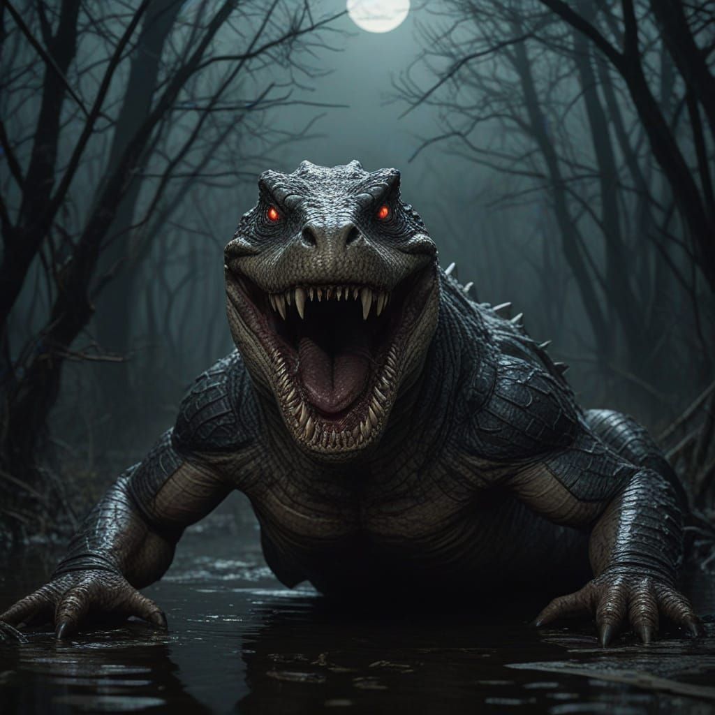 Giant Demonic Alligator in Toxic Swamp Under Blood Moon