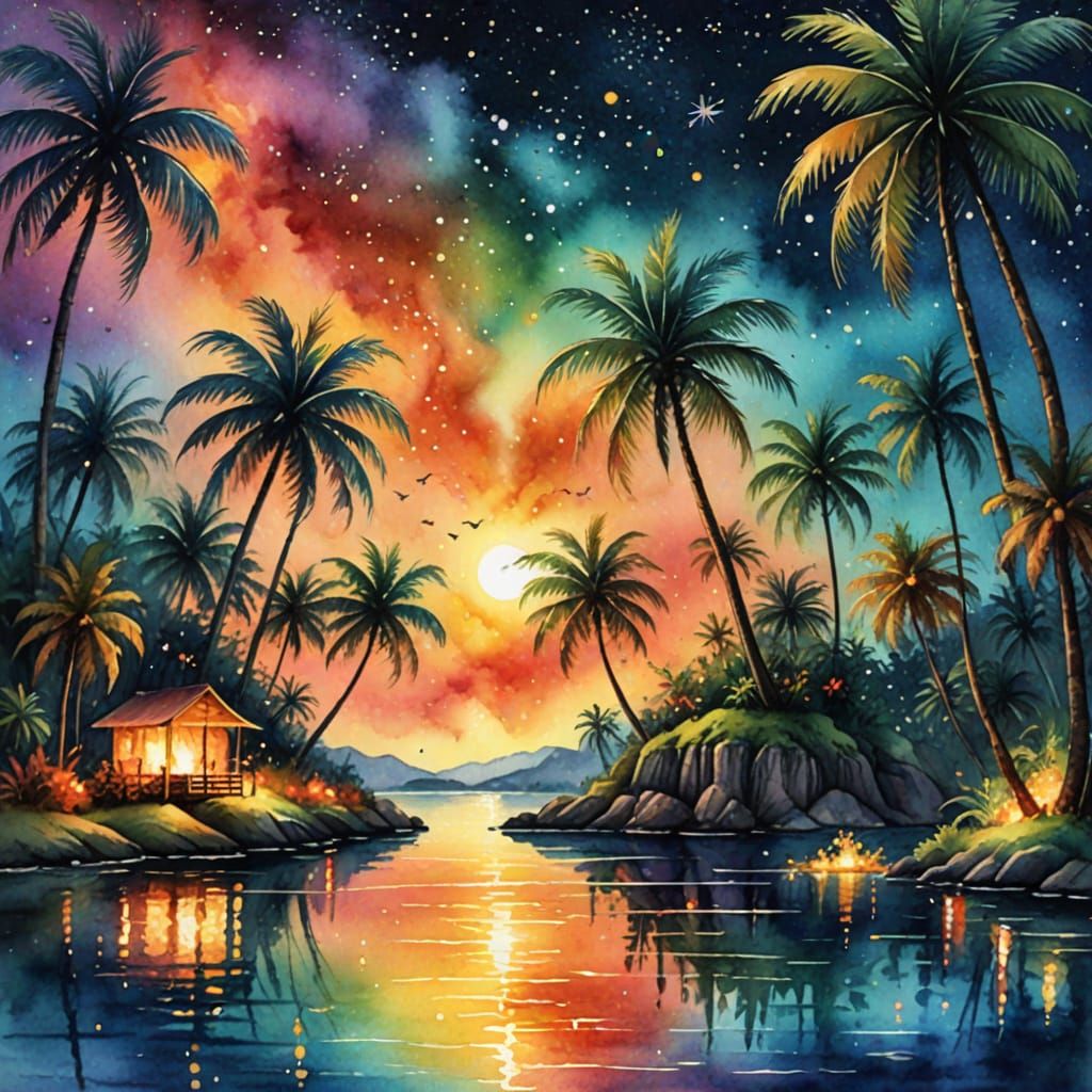 Whimsical Palm Island with Rainbow Starlight