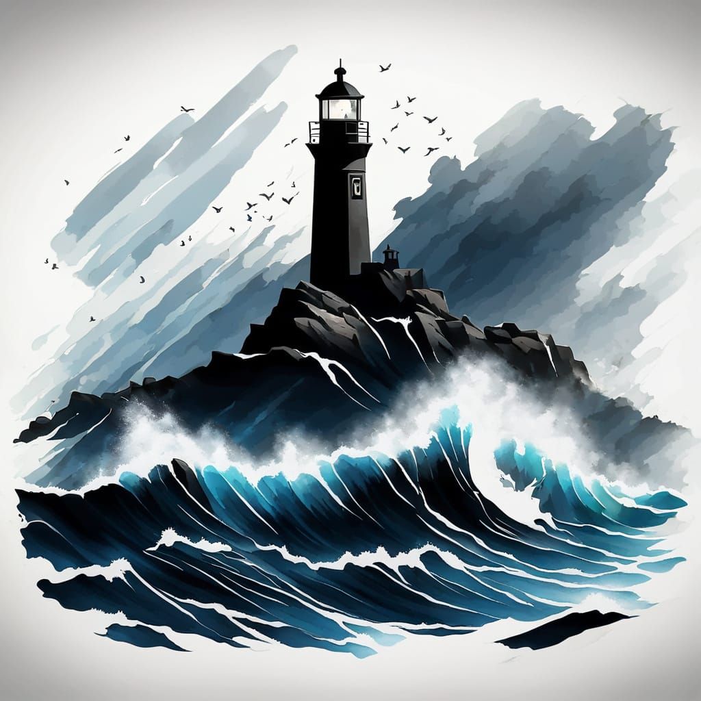 Lighthouse Beams Over Dramatic Dark Ocean
