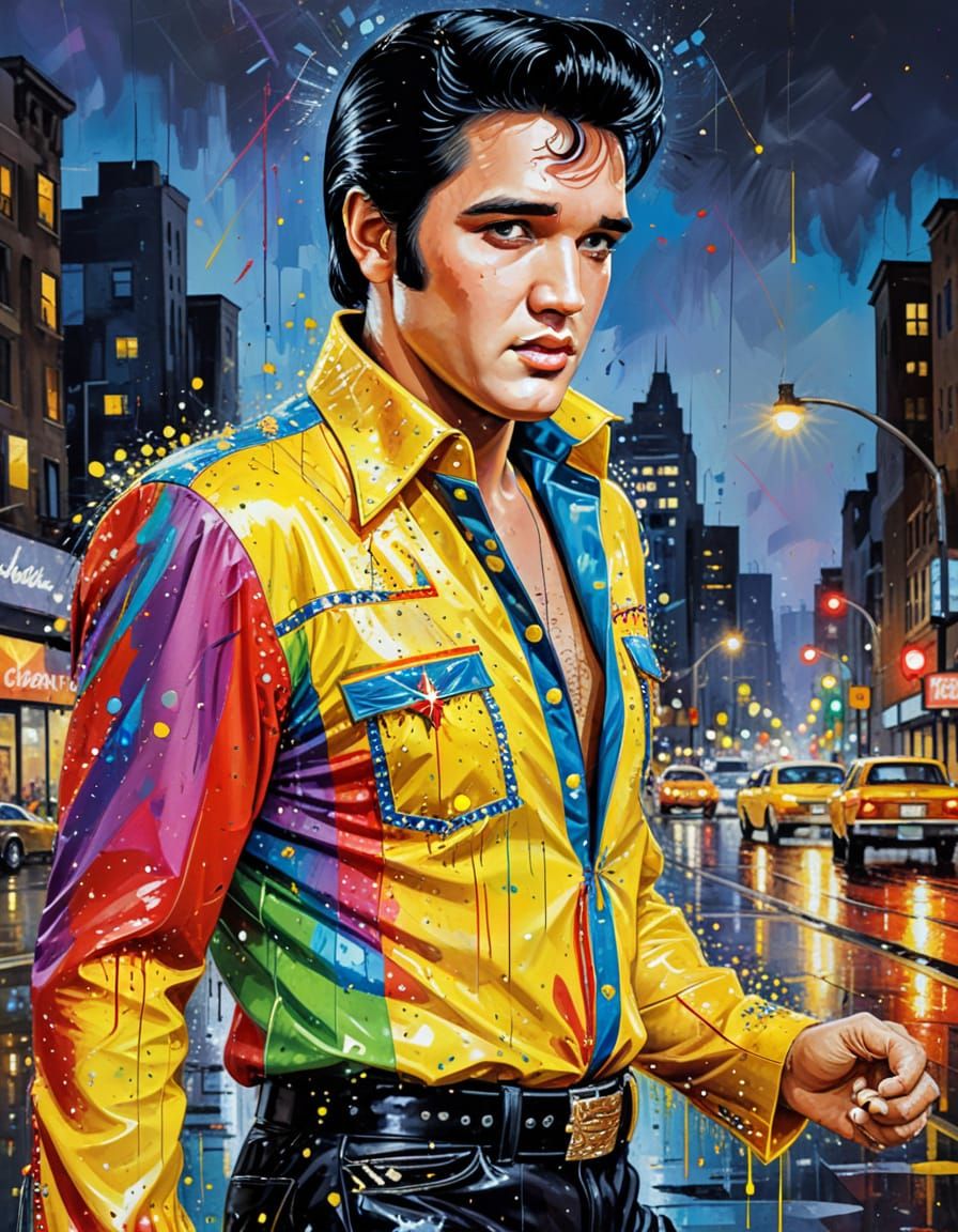 Elvis in Rainbow Dress Oil Painting