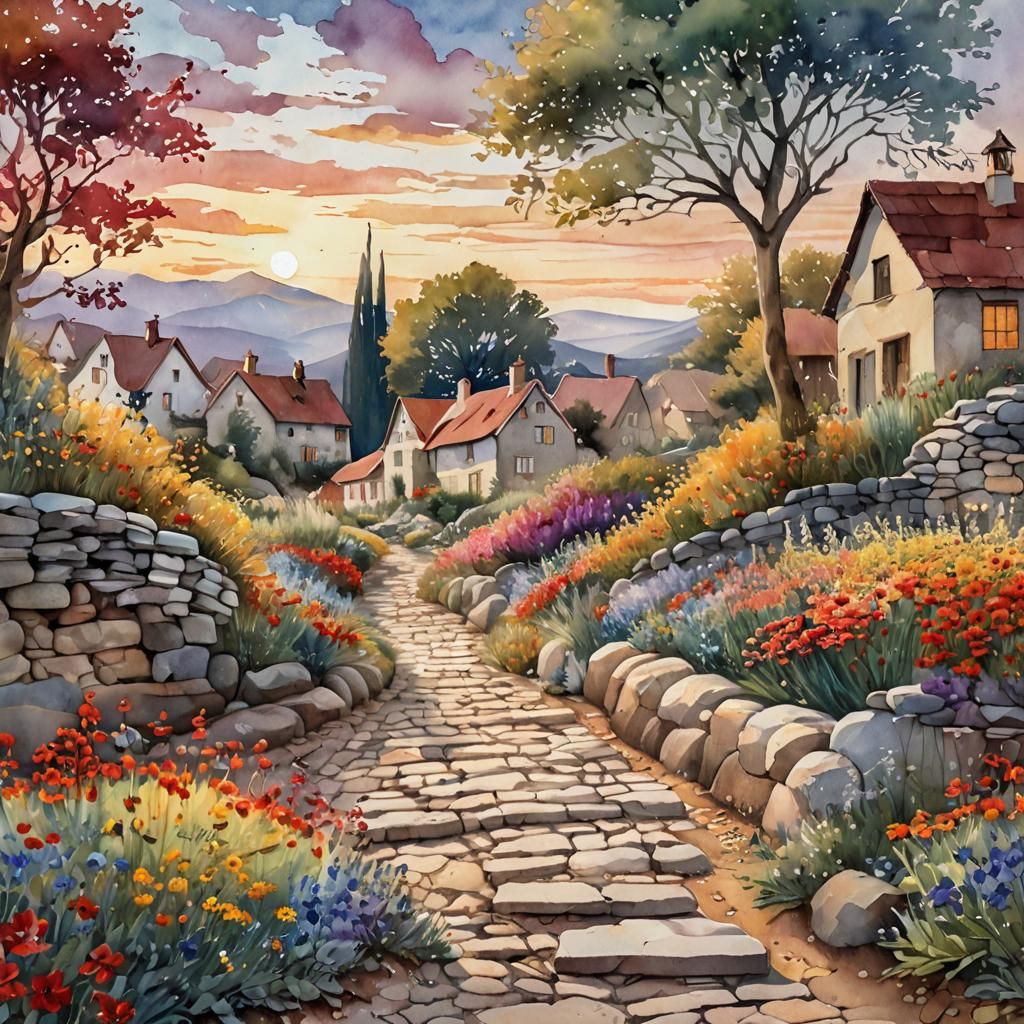 Picturesque Village Scene at Sunset: Watercolor Painting