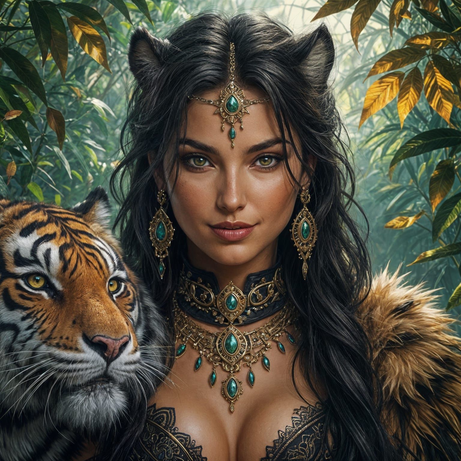 Tigress Warrior Woman in Jungle, Art Nouveau