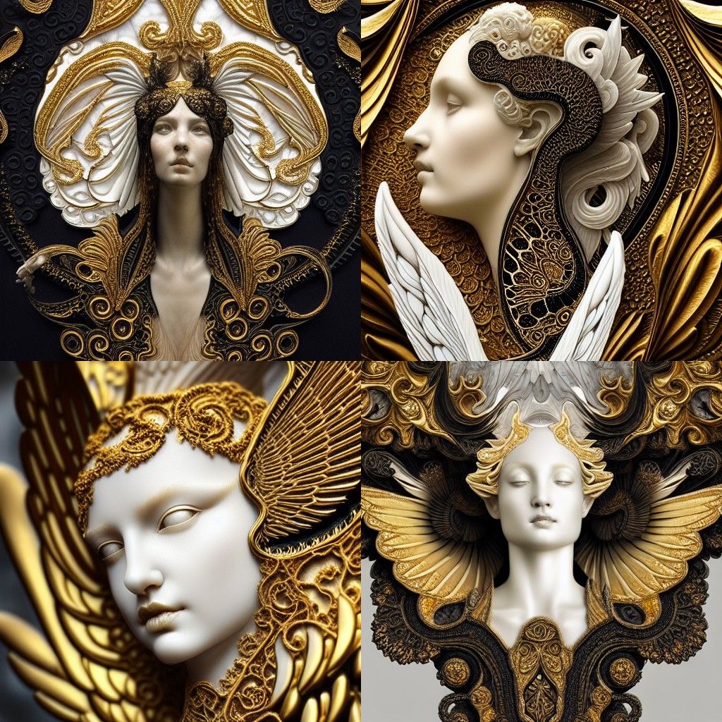 Opalescent Marble Angel Sculpture with Gold Filigree