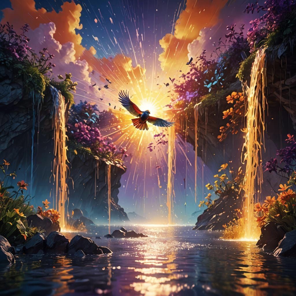 Abstract Reflections: A Colorful Bird in a Matte Painting