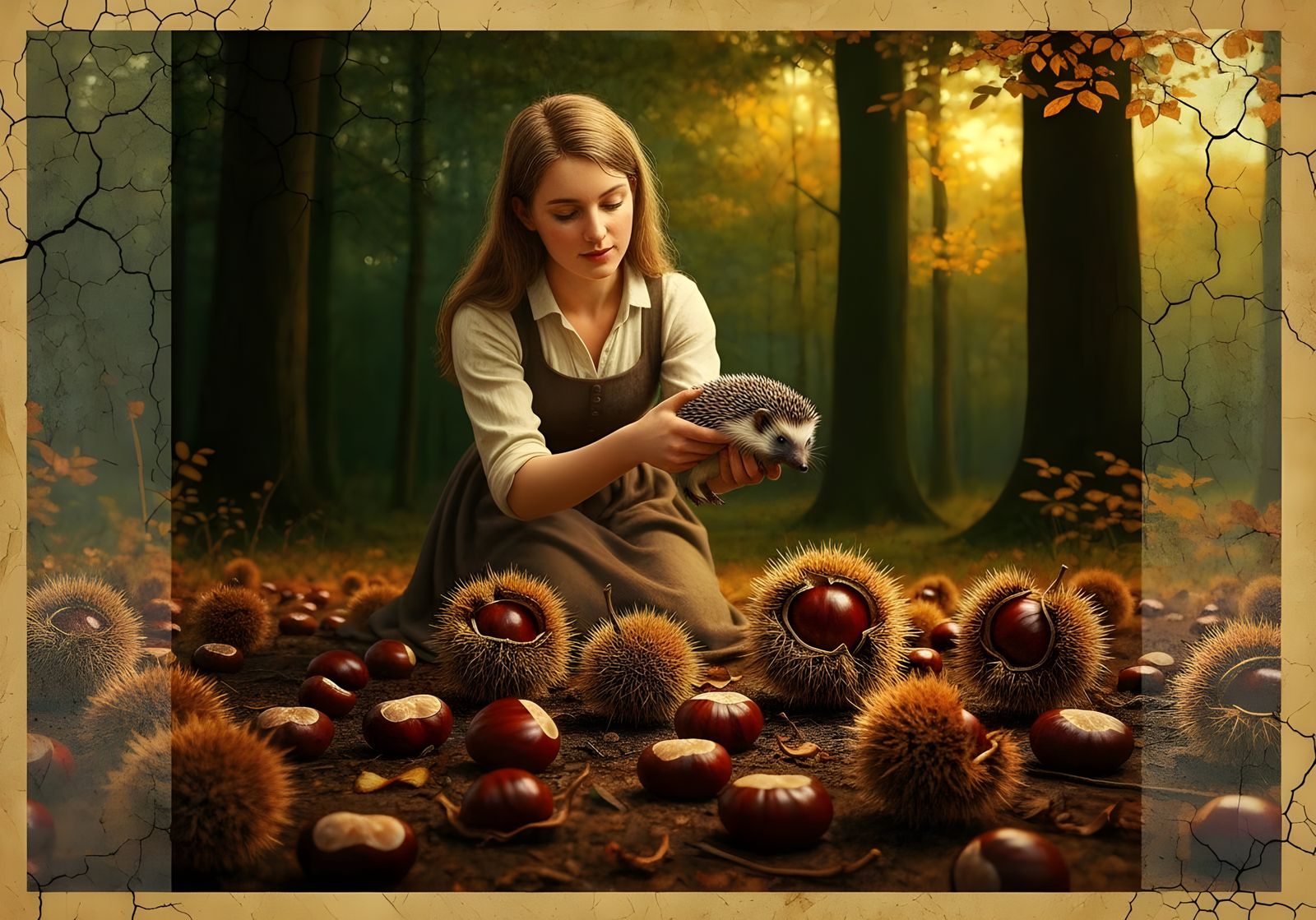 Autumn Forest Scene: Woman Rescues Hedgehog Amidst Chestnuts