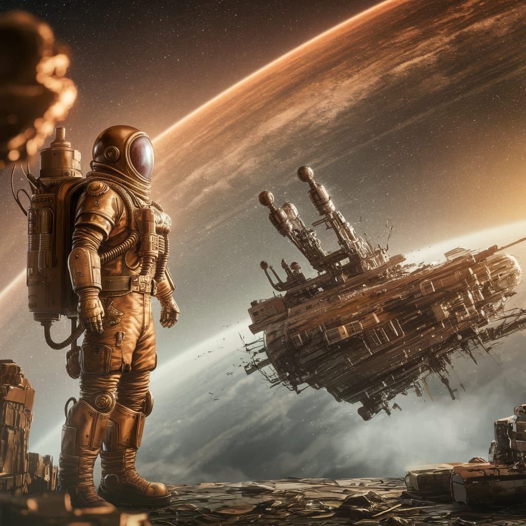 Steampunk Astronaut in Meticulous Space Salvage