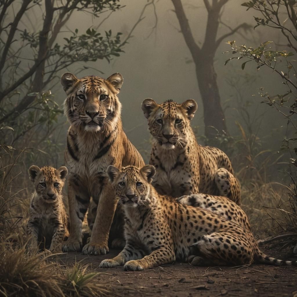 Fantasy Cubs Gather in Misty Savannah