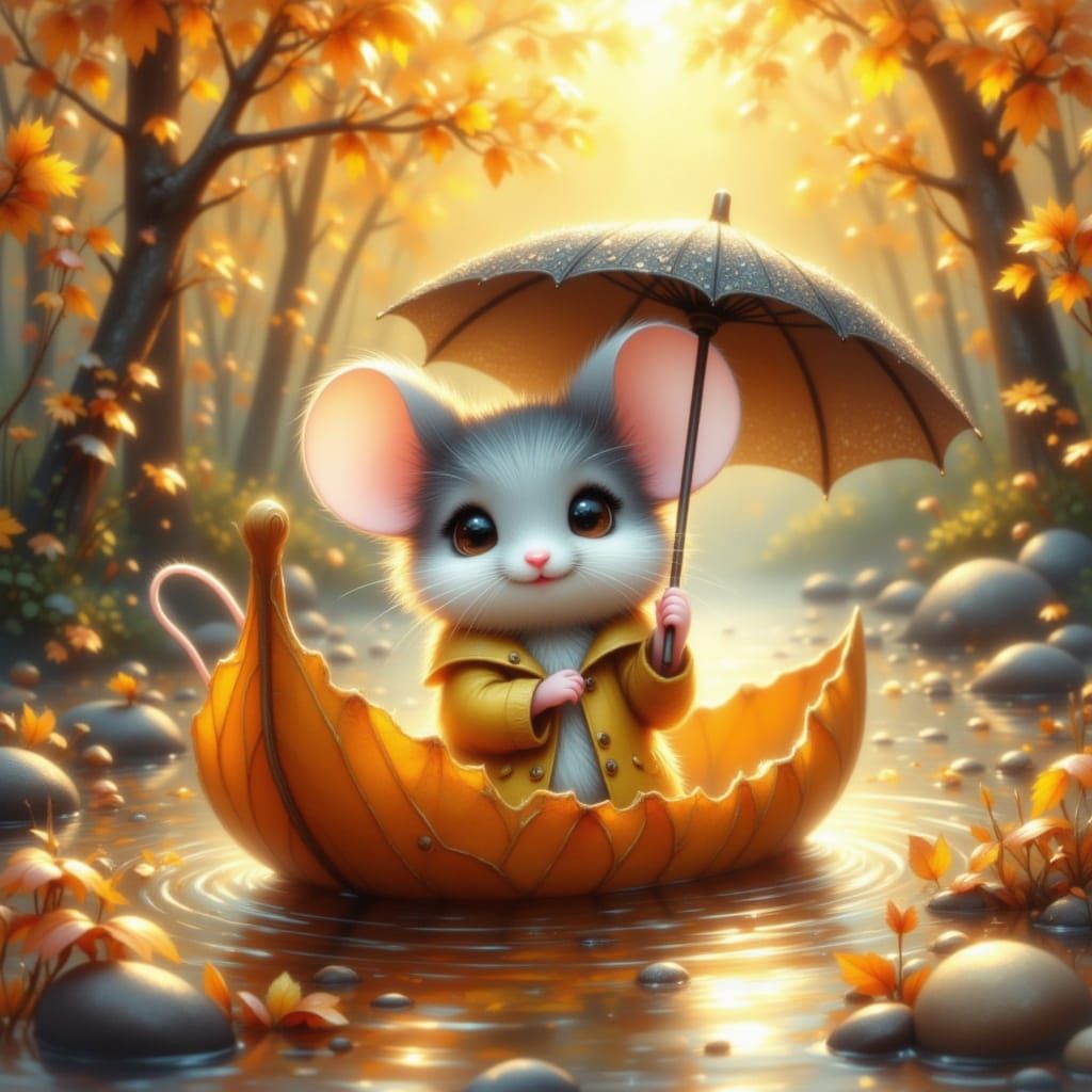 Adorable Mouse in Leaf Boat with Umbrella in Autumn Forest