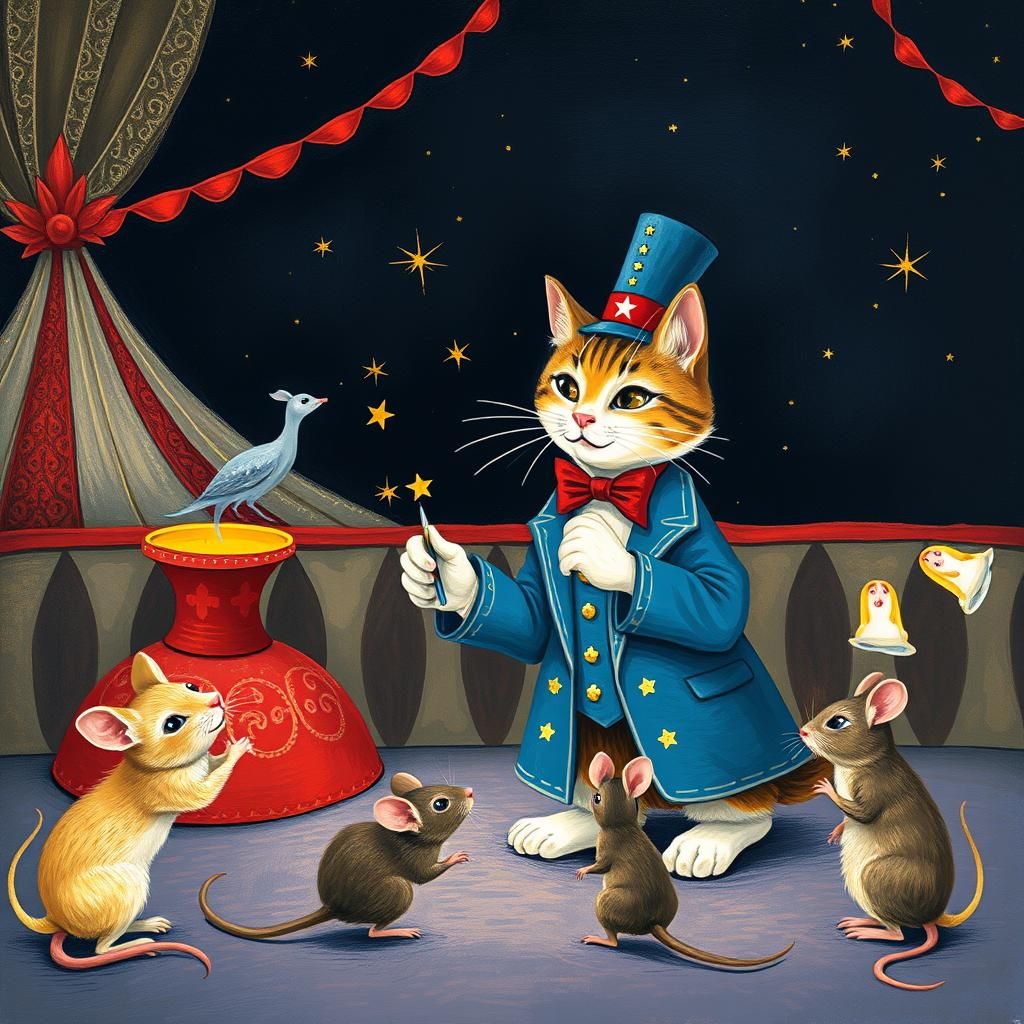 Magician Cat Circus Act in Naive Art Style