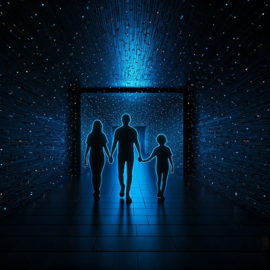 Neon Family in Futuristic Tunnel