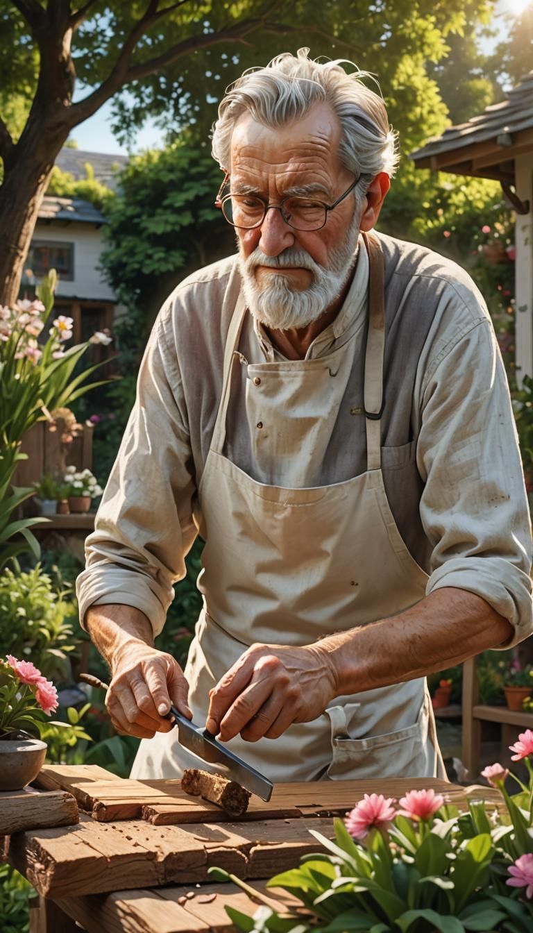 Hyperrealistic Old Man Carving Wood in Garden
