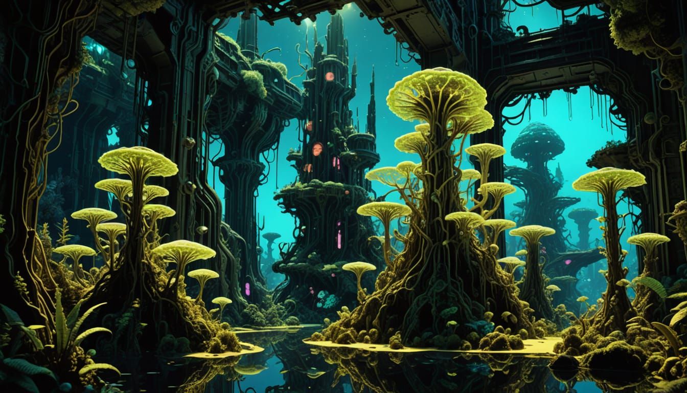 Vibrant Bioluminescent Arcology with Glowing Creatures and R...