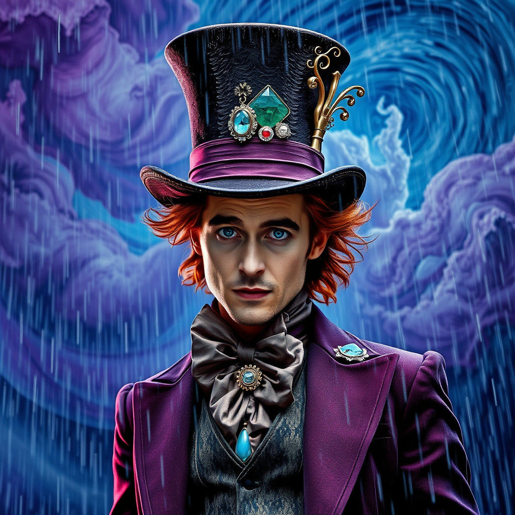 Mad Hatter in a Surreal, Rainy Landscape