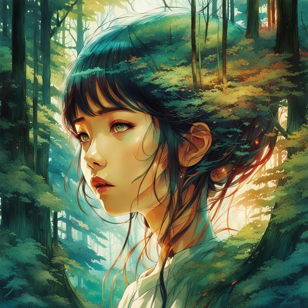 Anime Girl Double Exposure Forest Art