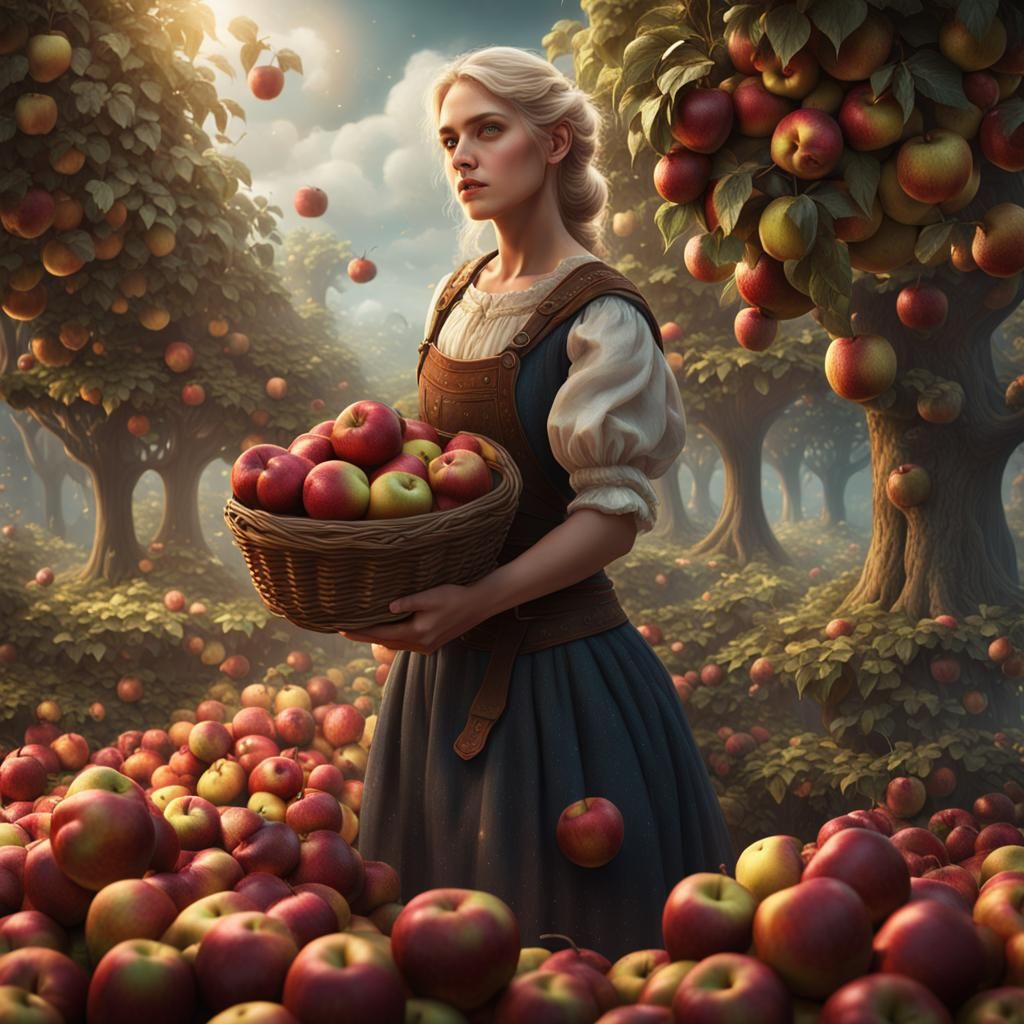 Blonde Woman Harvesting Apples in Matte Painting Style