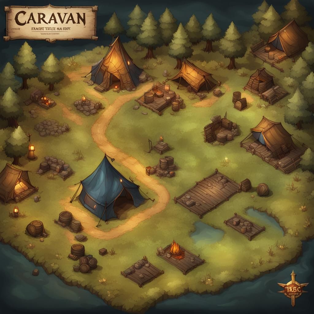 Medieval Caravan Camp Battle Map at Night