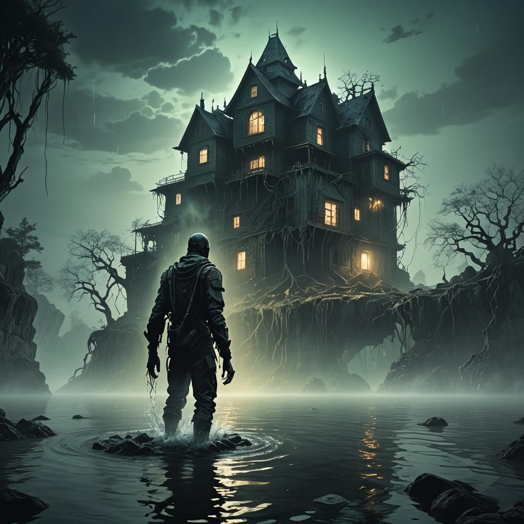 Eerie Dystopian Surrealism: Haunted House on the Lake