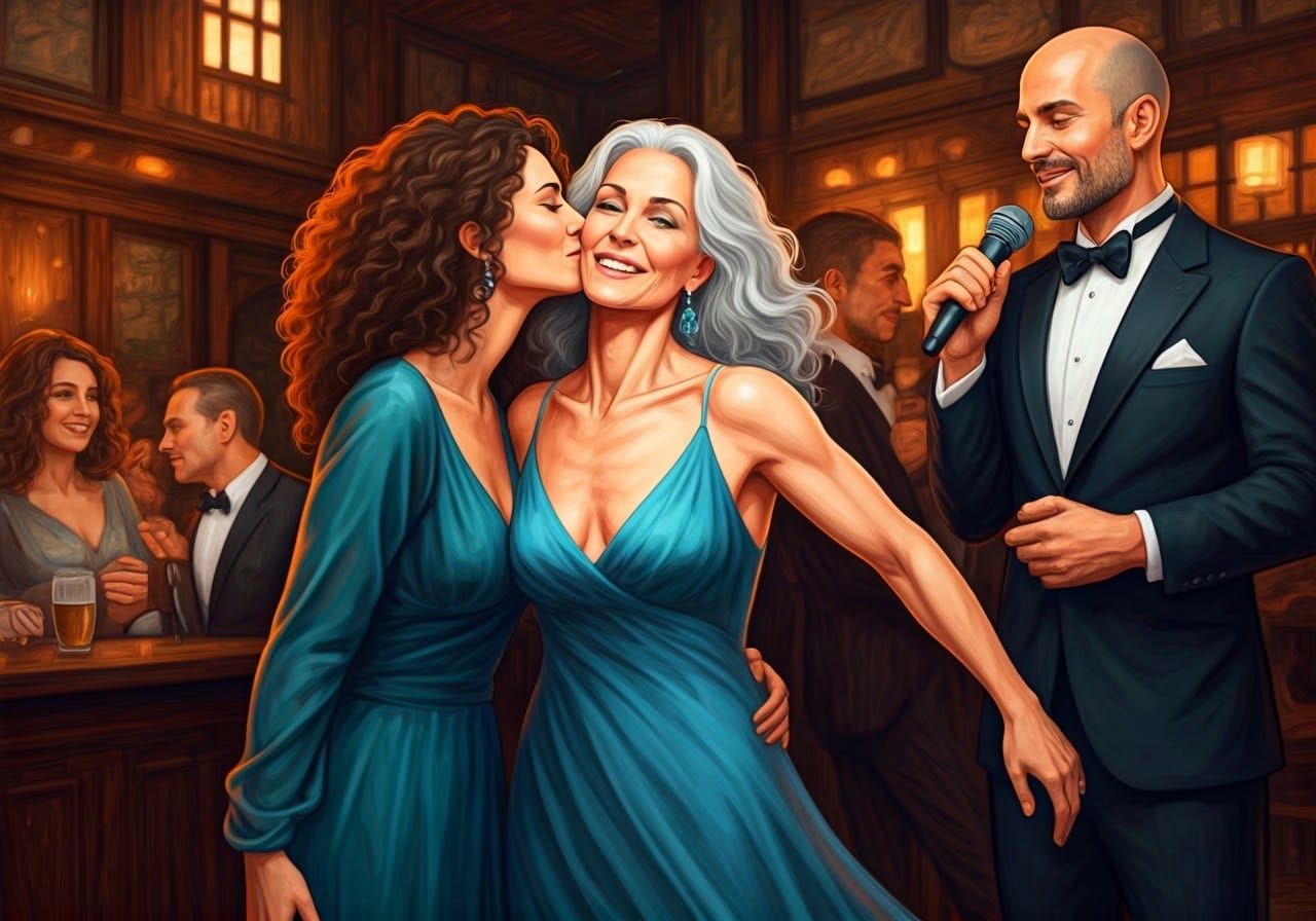 Elegant Woman's Affectionate Kiss in Irish Pub