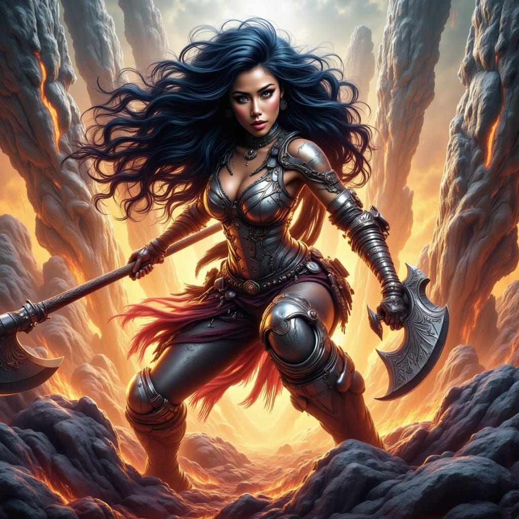 Muscular Warrior Woman in Dynamic Action Pose