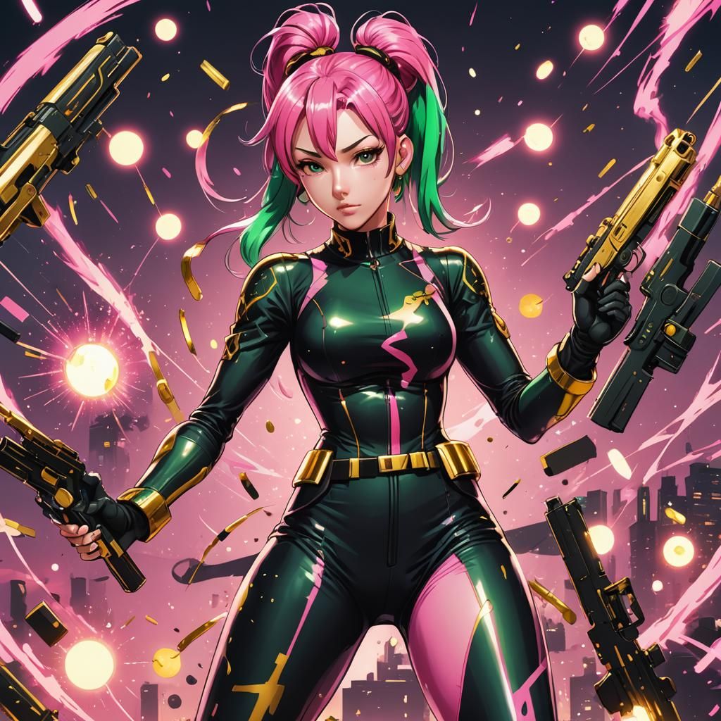 Anime Woman with Golden Guns in Cel-Shaded Style