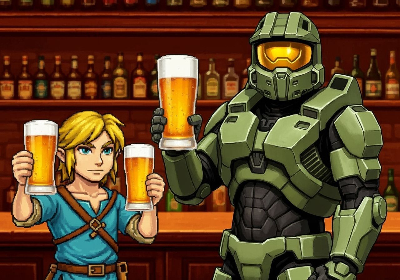 Link and Master Chief Toasting with Beer in Detailed Bar