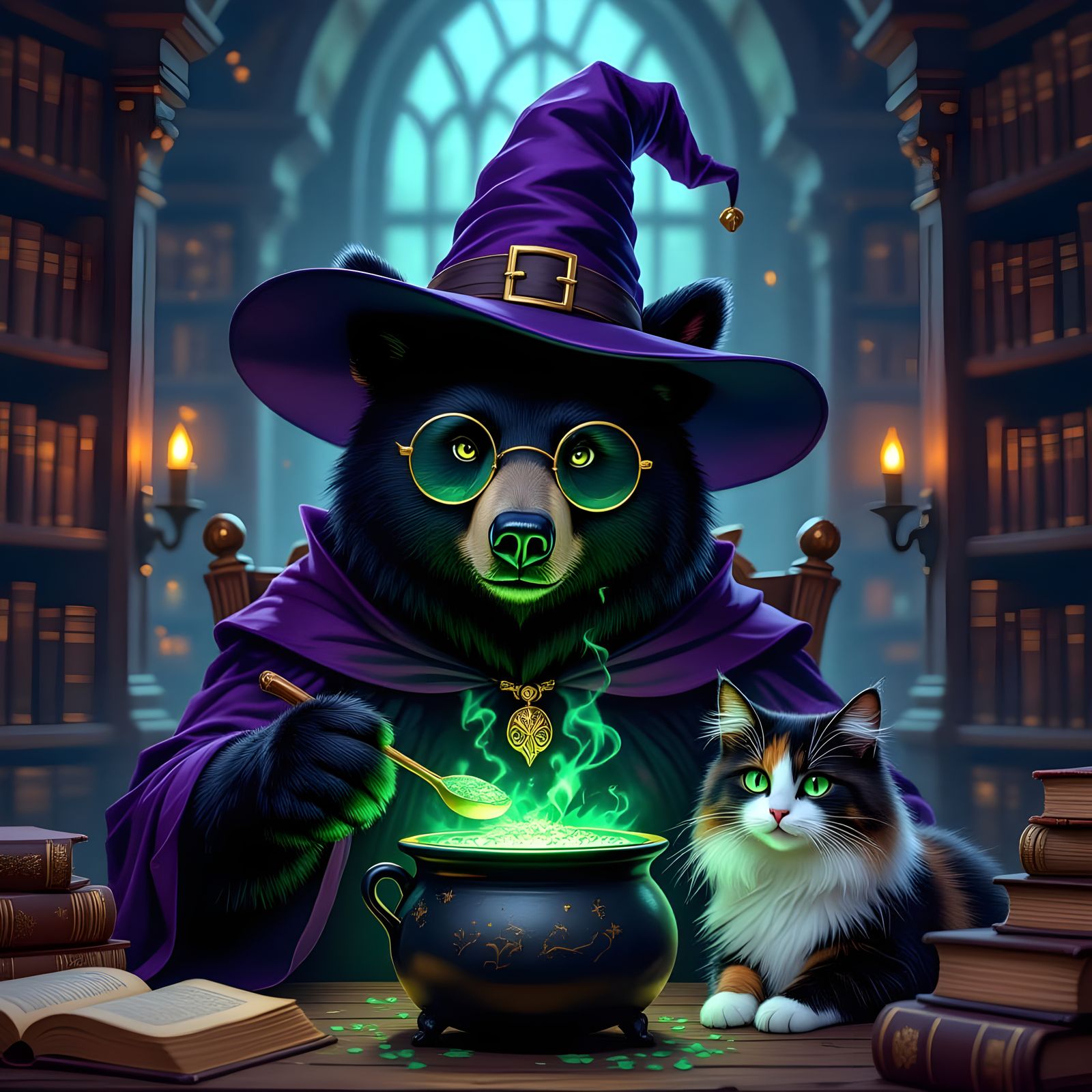 Fantastical Study of a Witching Bear in a Grand Library
