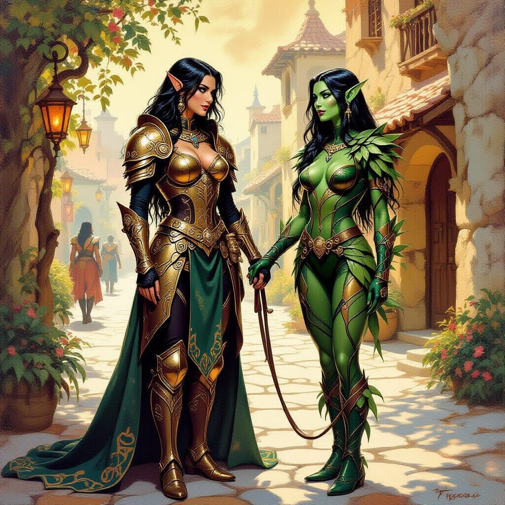 Paladin with Elf in 1980s Fantasy Art Style