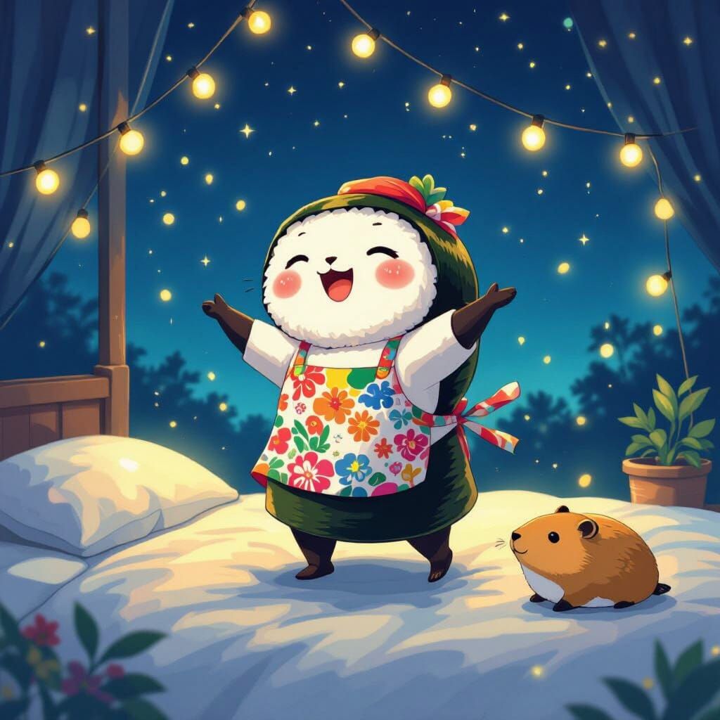 Singing Sushi Roll Dances with Capybara, Dreamy Illustration