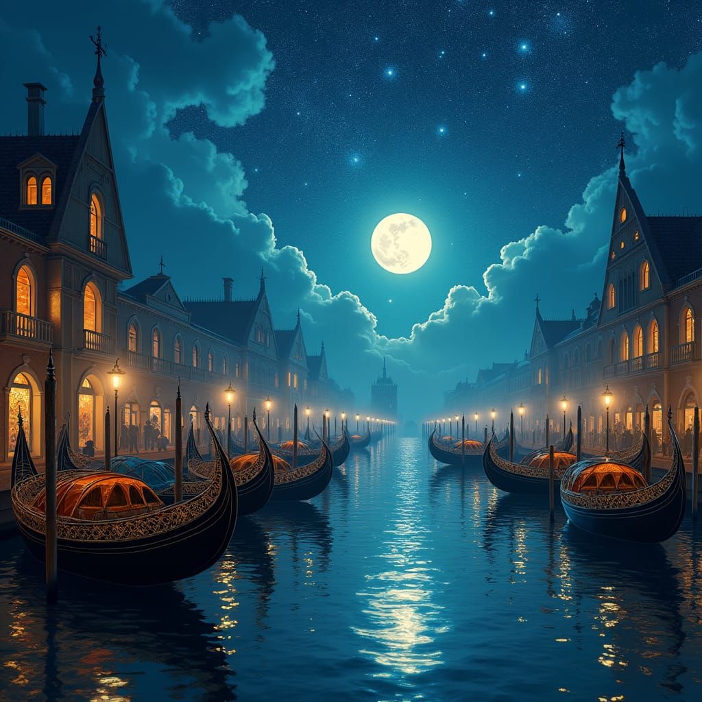 Moonlit Venice Dock with Starry Sky, Fantasy Art