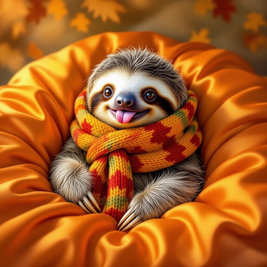 Baby Sloth in Autumn Scarf, Golden Hour Glow
